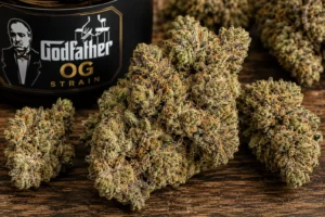 Godfather OG ("The Don of All OGs") is a potent indica strain crossing XXX OG and Alpha OG. It won 1st place for Best Indica at the 2013 LA Cannabis Cup. Known for a spicy, kushy flavor with subtle grape undertones and dense, purple-tinged, frosty buds.