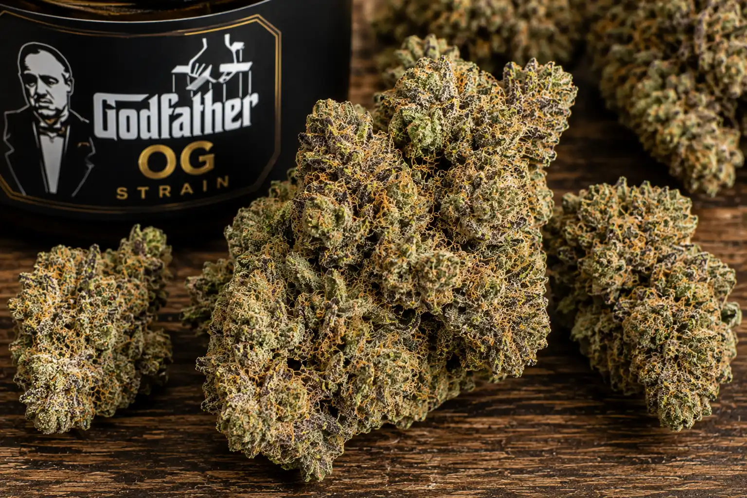Godfather OG ("The Don of All OGs") is a potent indica strain crossing XXX OG and Alpha OG. It won 1st place for Best Indica at the 2013 LA Cannabis Cup. Known for a spicy, kushy flavor with subtle grape undertones and dense, purple-tinged, frosty buds.
