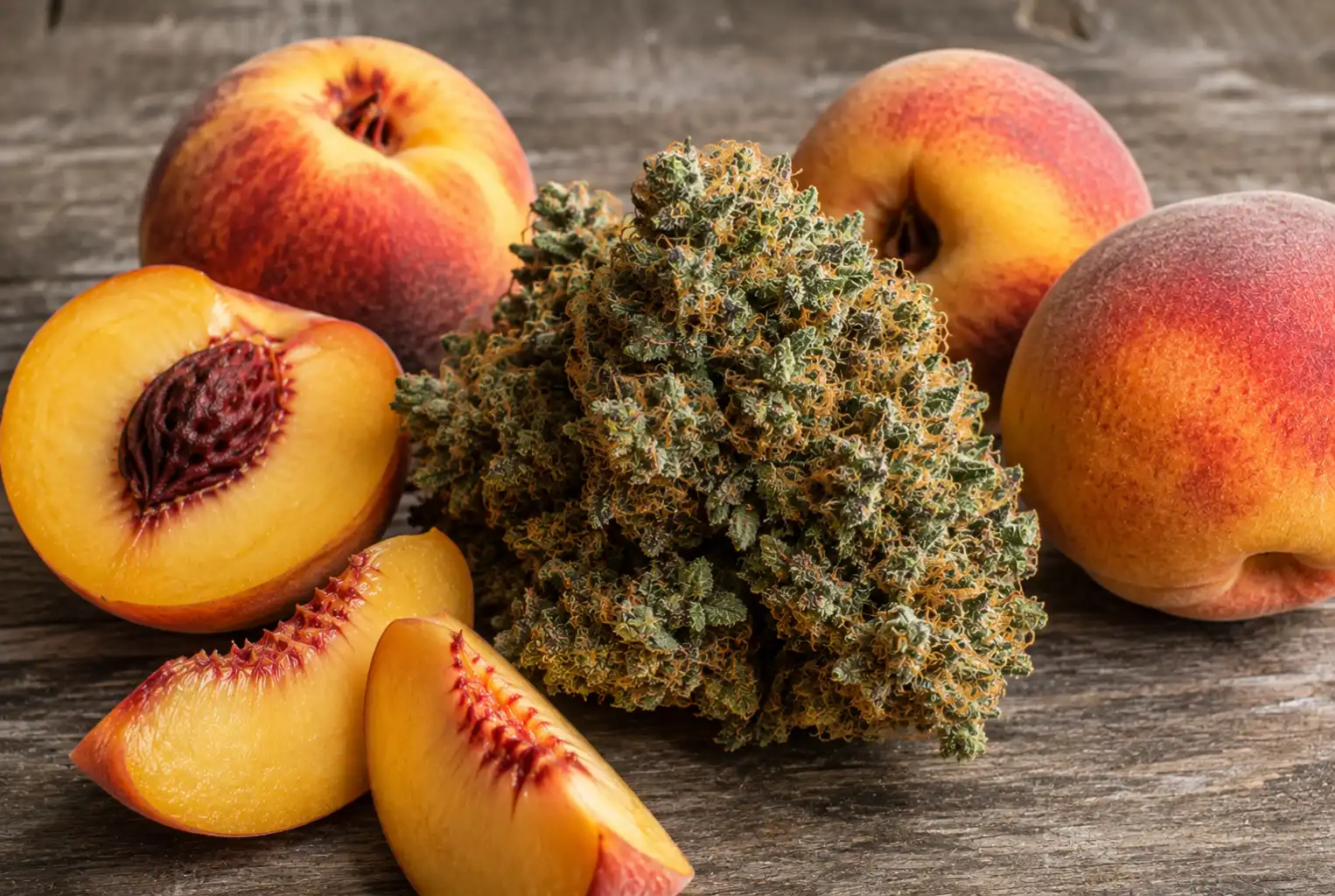 "Peach" isn't one fixed genetic line — it's used as a strain-family/flavor label for cultivars with a sweet, stone-fruit (peach nectar/cobbler) profile, driven by myrcene, limonene, and caryophyllene terpenes. Under this name you'll typically see cuts like White Peach, Peach Ringz, Peach Ozz, and Peach Crescendo (distinct from the specific hybrid "Peach OG"). Effects are typically versatile hybrid — good for daytime or early evening — with THC commonly testing 20–26%.