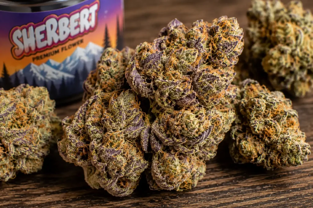 Sherbert (aka Sherbet, Sunset Sherbet/Sherbert) is an indica-dominant hybrid bred by Mr. Sherbinski, crossing Girl Scout Cookies and Pink Panties. It has a sweet, dessert-like flavor of skunky citrus, berry, and honey, with a purple-tinged, frosty appearance.